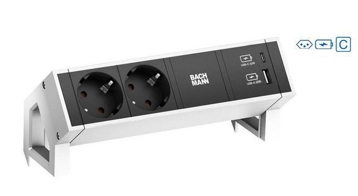 Bachmann 2x Swiss socket (10A), Socket orientation 90°, USB A/C 22W, Custom Module, White - W125899750