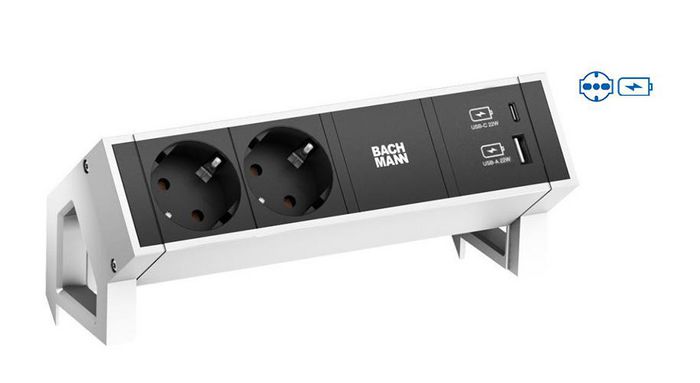Bachmann 2x Italy/socket, Socket orientation 35°, USB A/C 22W, White - W125899765