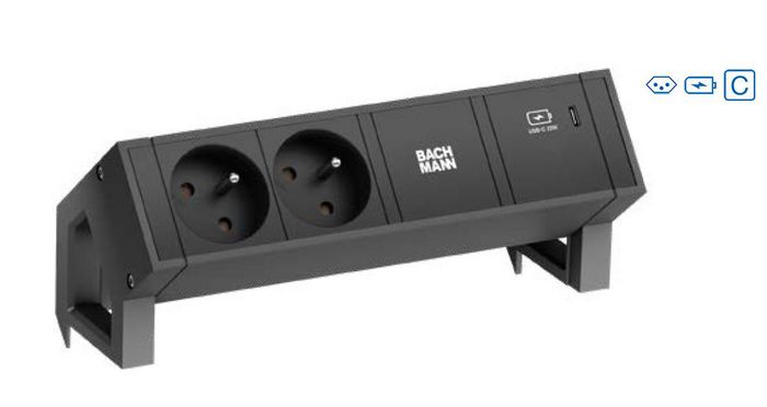 Bachmann 2x Swiss socket (10A), Socket orientation 90°, USB C 30W, Custom Module, Black - W125899781