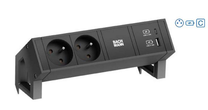 Bachmann 2x UTE socket, Socket orientation 35°, USB A/C 22W, Custom Module, Black - W125899792