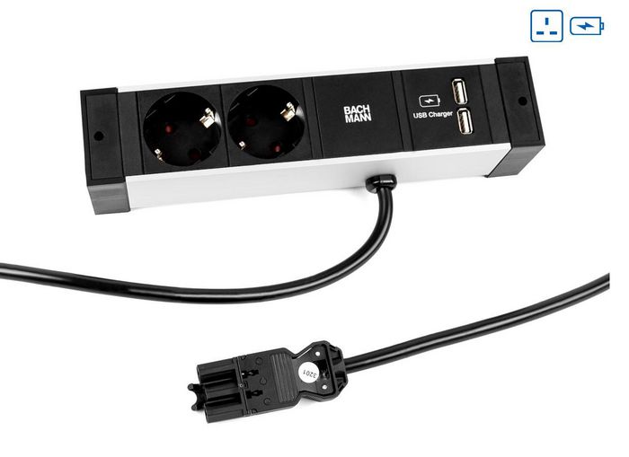 Bachmann 2x UK socket (3.15A), Socket orientation 45°, USB Charger, 253 mm - W125899676