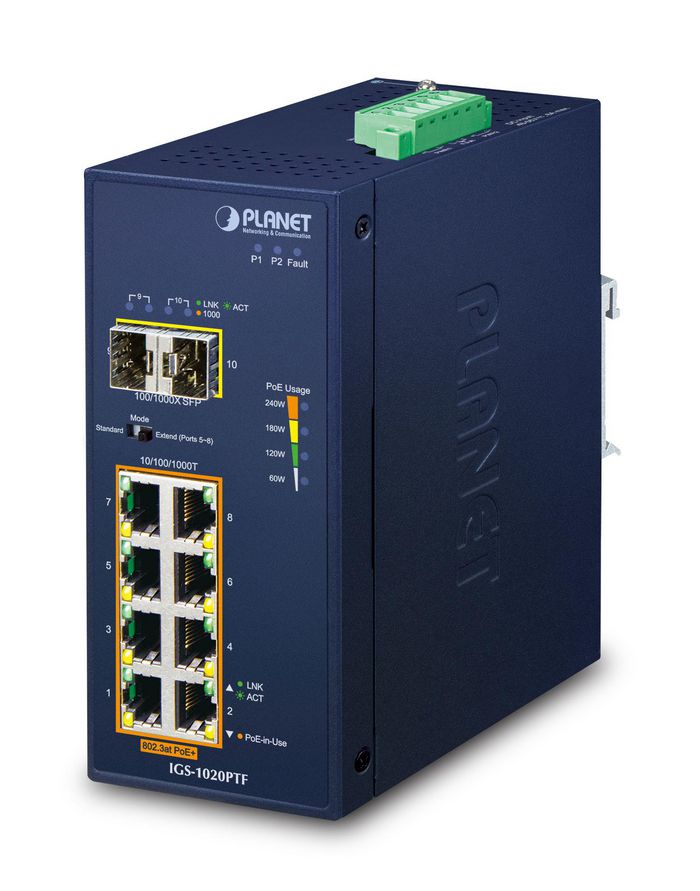 Planet Industrial 8-Port 10/100/1000T 802.3at PoE + 2-Port 100/1000X SFP Ethernet Switch (-40~75 degrees C) - W125510657