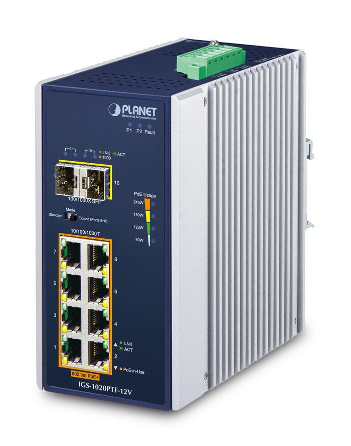 Planet Industrial 8-Port 10/100/1000T 802.3at PoE + 2-Port 100/1000X SFP Ethernet Switch w/ 12V Booster - W125510658