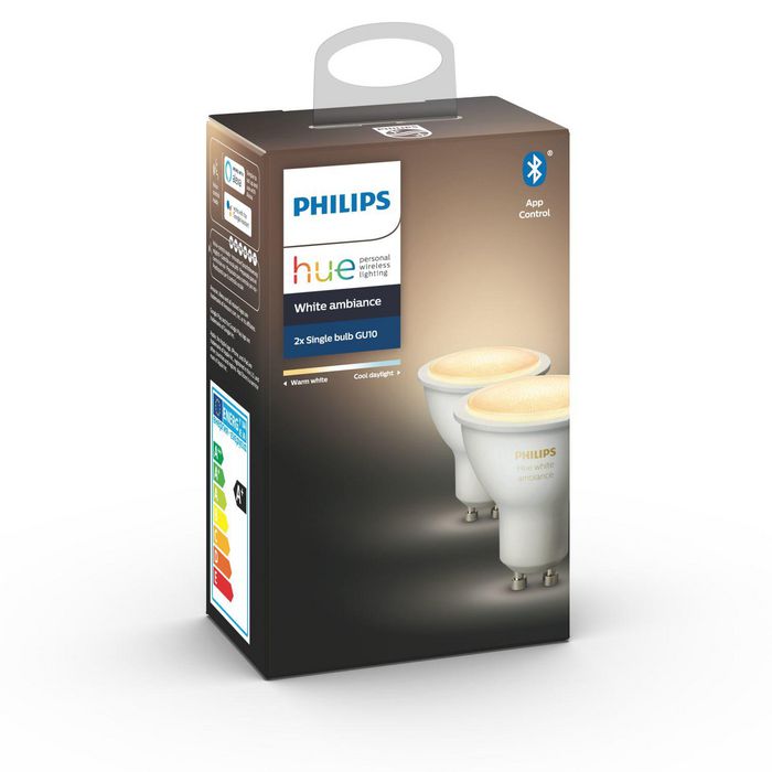 Philips by Signify Hue White Ambiance 2-pack GU10 Warm-to-cool white light Instant control via Bluetooth Control with app or voice* Add Hue Bridge to unlock more - W124339522