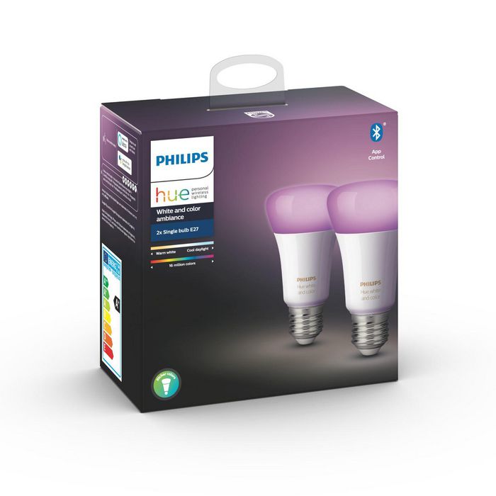 Philips by Signify Hue White and colour ambience 2-pack E27 White and coloured light Instant control via Bluetooth Control with app or voice* Add Hue Bridge to unlock more - W125138933