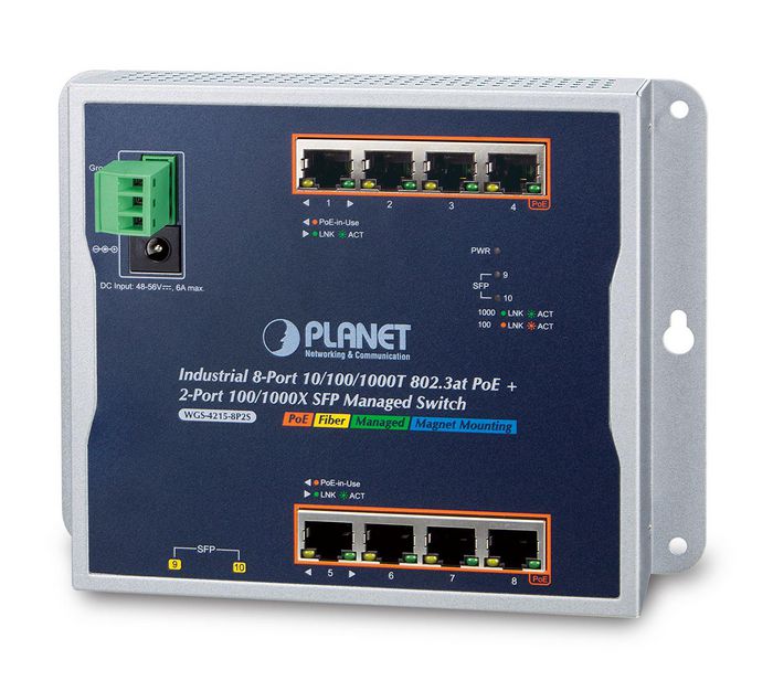 Planet Managed, 8-Port 10/100/1000T, 802.3at, PoE + 2x 100/1000X SFP - W124778483