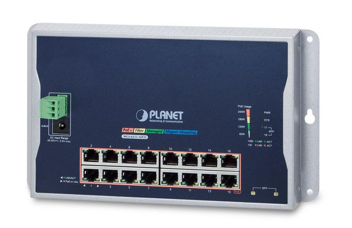 Planet Industrial 16-Port 10/100/1000T 802.3at PoE + 2-Port 100/1000X SFP Wall-mounted Managed Switch - W124878132