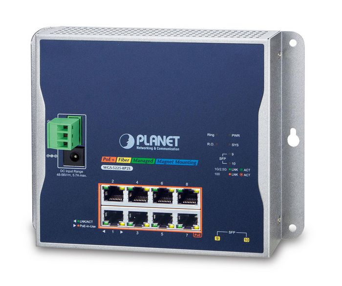 Planet Industrial L2+ 8-Port 10/100/1000T 802.3at PoE + 2-Port 100/1000X SFP Wall-mount Managed Switch - W124778484