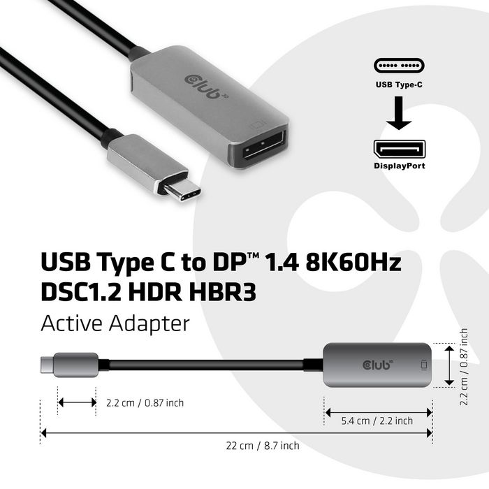 Club3D USB Type C to DP™ 1.4 8K60Hz DSC1.2 HDR HBR3 Active Adapter - W125962431