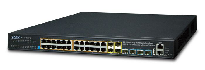 Planet Layer 3 24-Port 10/100/1000T 802.3at PoE + 4-Port 10G SFP+ Stackable Managed Switch - W124983519
