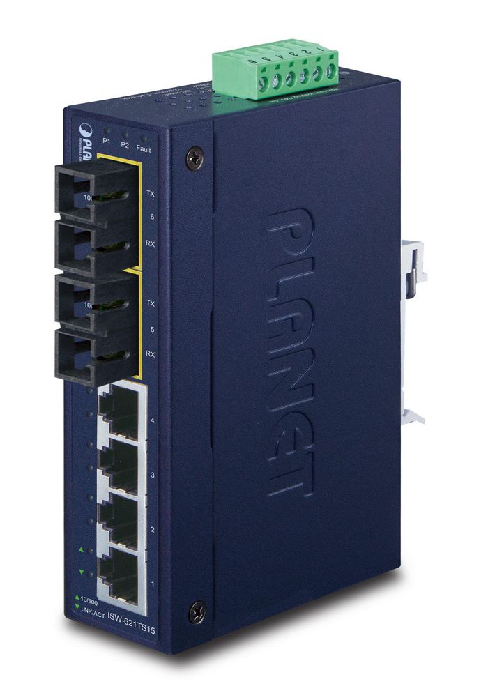Planet Industrial Ethernet Switch, 4 x 10/100Base-TX RJ-45, 2 x 100Base-FX, Single-Mode, 15km Max, IP30 - W124456611