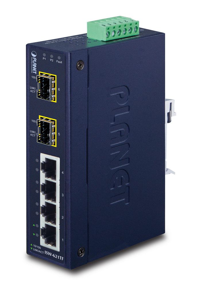 Planet Industrial Ethernet Switch, 4 x 10/100Base-TX RJ-45, 2 x 100Base-FX SFP, IP30 - W124756696