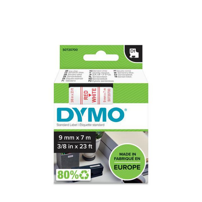 DYMO D1 - Standard Labels - Red on White  - 9mm x 7m - W124374141
