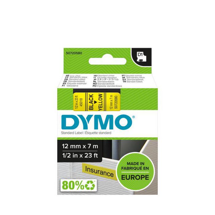 DYMO D1 - Standard Labels - Black on Yellow  - 12mm x 7m - W125332012