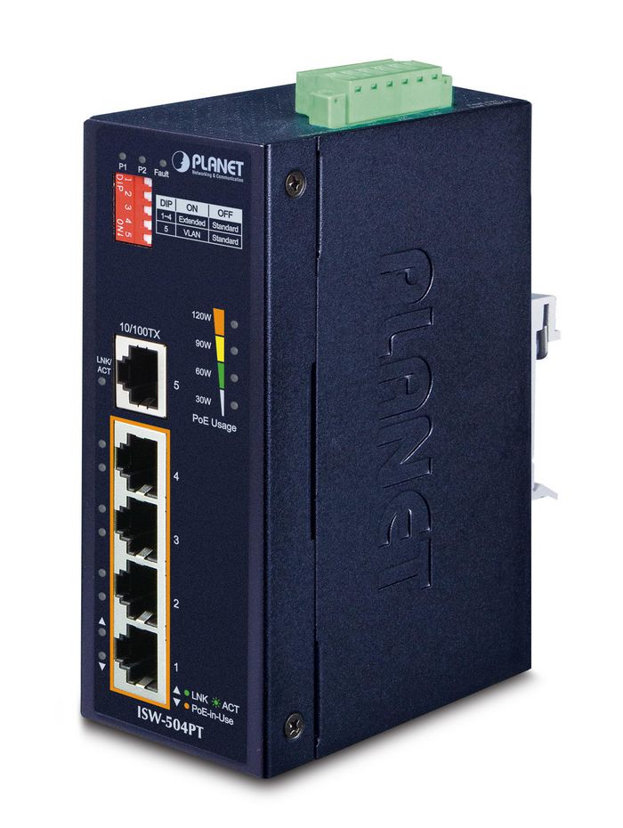 Planet Industrial 5-Port 10/100TX Ethernet Switch with 4-Port 802.3at PoE+ - W124456608