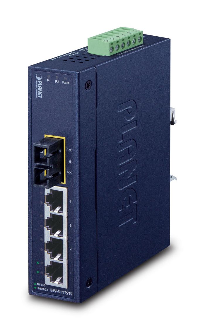 Planet Unmanaged Industrial Ethernet Switch, 4 x 10/100Base-TX RJ-45, 1 x 100Base-FX, Single-Mode, 15km - W125256057