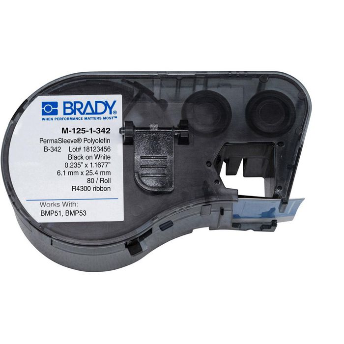 Brady BMP51/53, 80 Sleeve(s) / Box, Heat-shrink Polyolefin, Black on White, Matt, Rectangle, 25.4 x 6 mm - W126060014