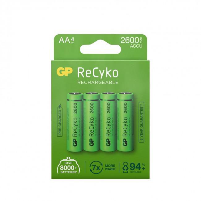 GP Batteries ReCyko NiMH Battery, AA, 2600mAh, 4-pack<br>ReCyko. Battery type: Rechargeable battery, Battery size: AA, Battery technology: Nickel-Metal Hydride (NiMH). Package width: 82 mm, Package depth: 18 mm, Package height: 125 mm - W125943251