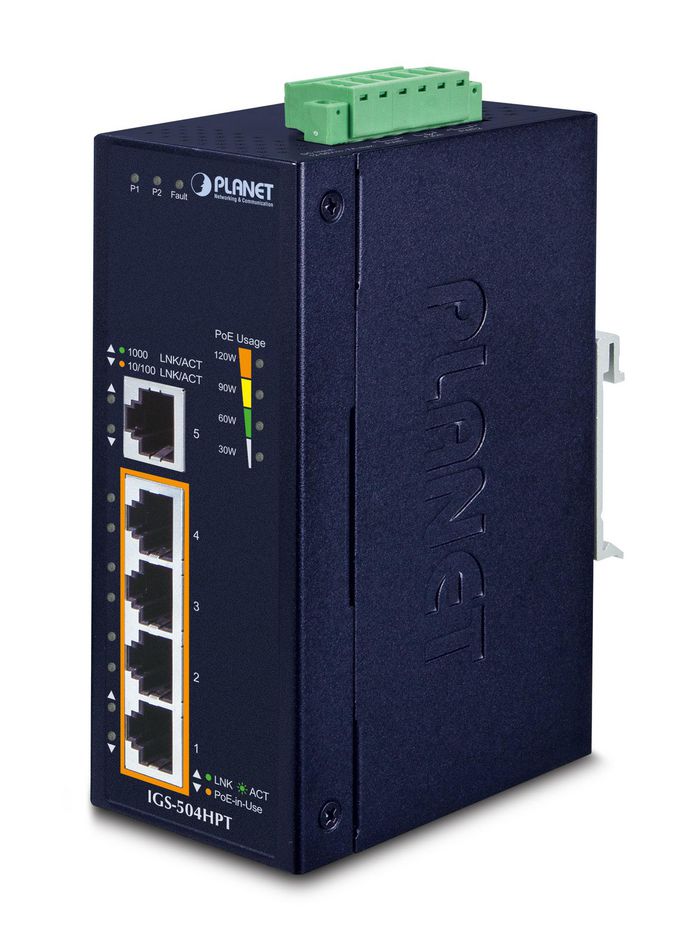 Planet Industrial 4-Port 10/100/1000T 802.3at PoE + 1-Port 10/100/1000T Gigabit Ethernet Switch - W124756640