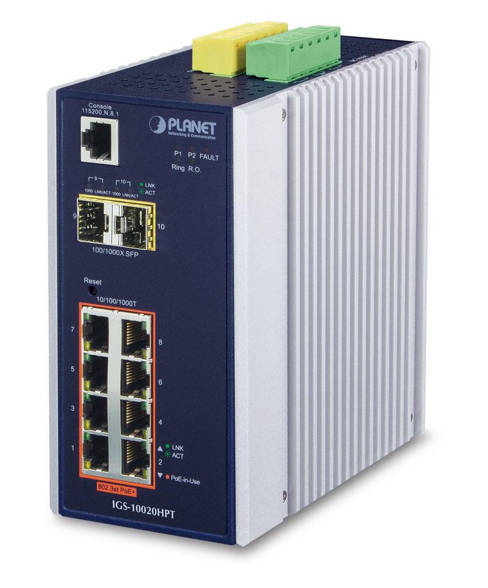 Planet Industrial 8-port 10/100/1000T 802.3at PoE + 2-port 1G/2.5G SFP Managed Switch - W124790022