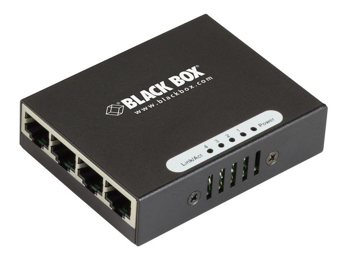 Black Box Unmanaged, 4xRJ-45, Gigabit Ethernet, 115V, 60Hz, 3.3W, 62x79x20mm, 200g, Black - W126133817