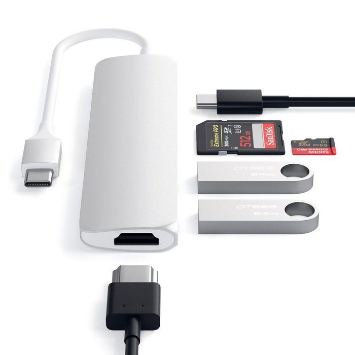 Satechi USB-C, USB 3.0, 5 Gbps, 60W, 4K HDMI, micro SD/SD, 104 Mb/s, Silver, 119 x 27 x 10mm - W126143230
