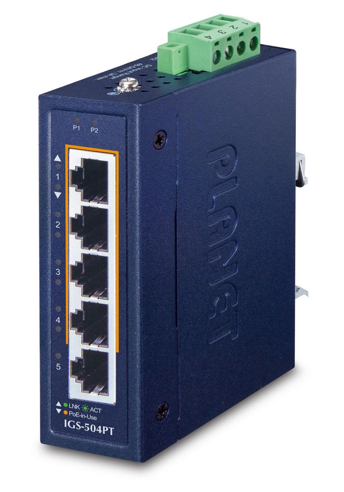 Planet Compact Industrial 4-Port 10/100/1000T 802.3at PoE + 1-Port 10/100/1000T Ethernet Switch - W126094047