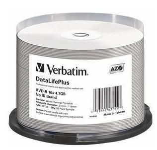 Verbatim DVD-R 16x DataLifePlus, 4.7GB, 50pk Spindle, No ID Brand - W126181775