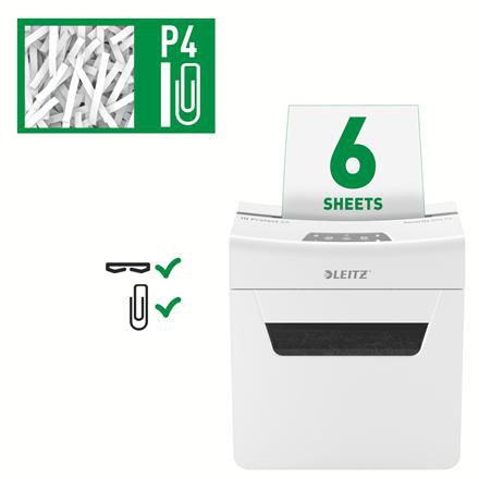 Leitz Super-quiet and compact. Convenient and clean drawer pull-out bin. Shreds 6 sheets. P4 cross cut. - W126159320