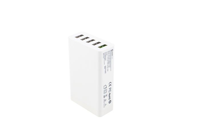 CoreParts Multi-Port USB Charger White 50W 5V 2.4A USB-A 5-ports with 2.4A each (Green port=QC3.0) Including 1.2m EU Power Cord, Multi-Port Charger - W124563233