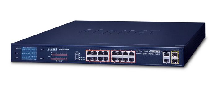 Planet 16-Port 10/100TX 802.3at PoE + 2-Port Gigabit TP + 2-Port SFP Ethernet Switch with LCD PoE Monitor - W124486016