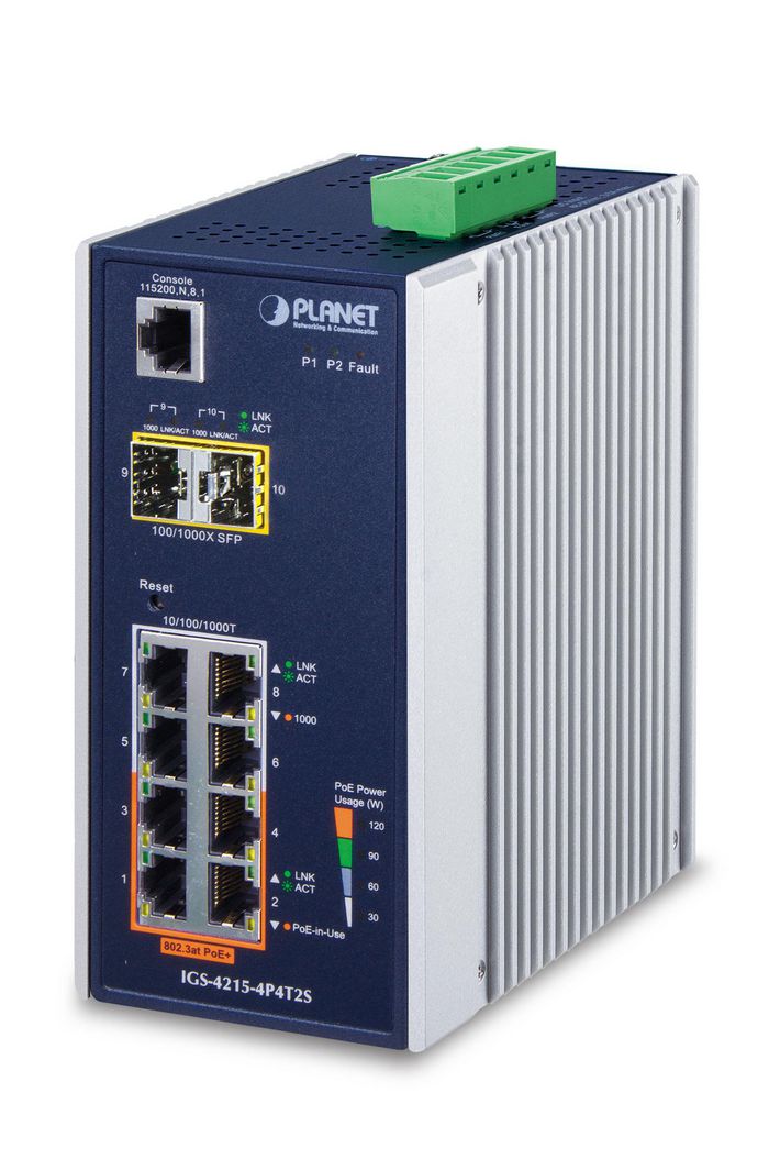 Planet Industrial 4-Port 10/100/1000T 802.3at PoE + 4-Port 10/100/1000T + 2-Port 100/1000X SFP Managed Switch - W124956619