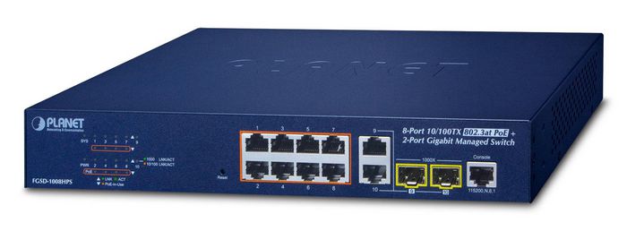 Planet 8-Port 10/100TX 802.3at PoE + 2-Port Gigabit TP/SFP Combo Managed Ethernet Switch - W124985674