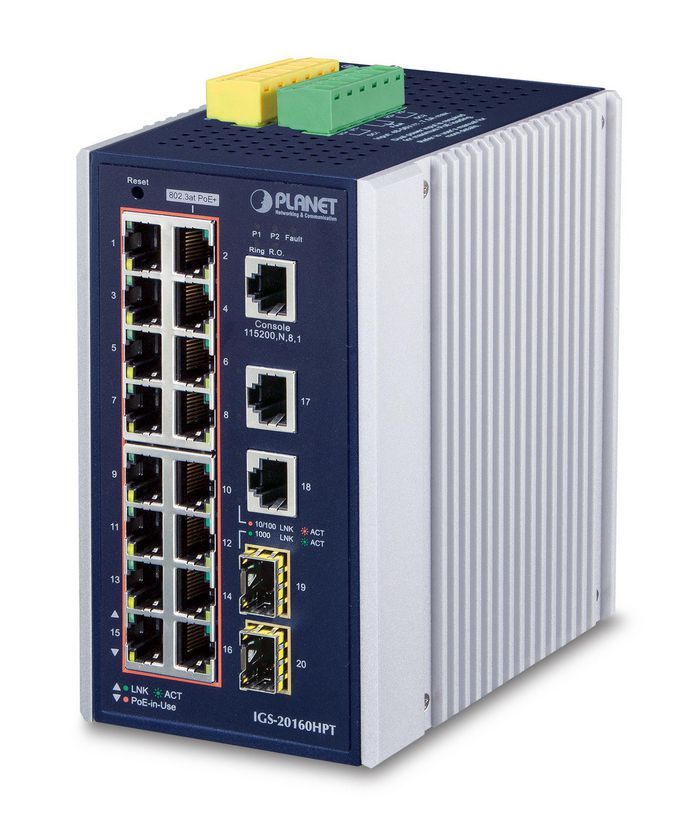 Planet Industrial L3 16-Port 10/100/1000T 802.3at PoE + 2-Port 10/100/1000T + 2-Port 1G/2.5G SFP Managed Ethernet Switch - W125256002