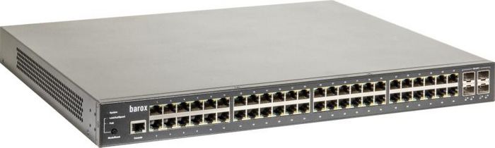 Barox 19" switch with management, strong security functions and PoE+, 48 x 10/100/1000TX, PoE+, RJ45, 4 x SFP/SFP+, 1G/10G, 176 GBit/s - W125515704