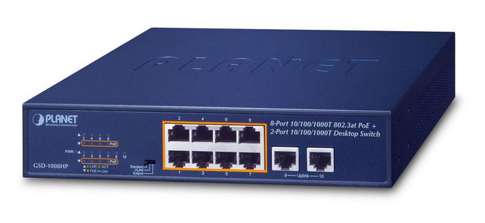 Planet 8-Port 10/100/1000T 802.3at PoE + 2-Port 10/100/1000T Desktop Switch (120 watts) - W124385860