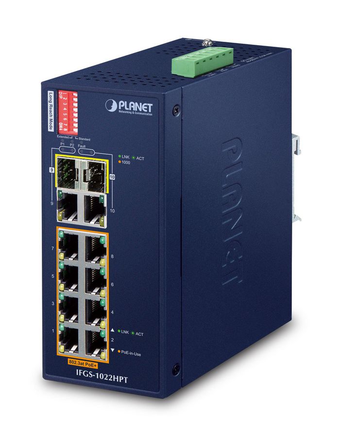 Planet Industrial 8-Port 10/100TX 802.3at PoE + 2-Port Gigabit TP/SFP Combo Ethernet Switch - W124456560
