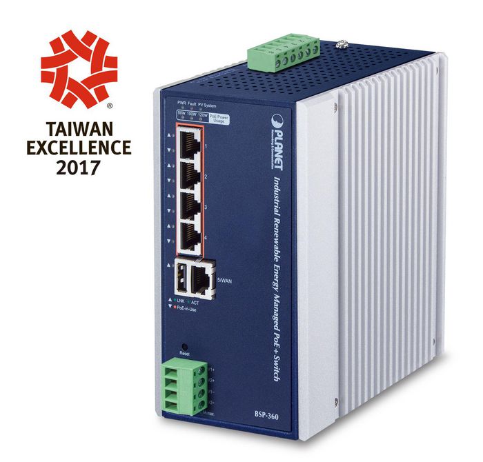 Planet Industrial Renewable Power 5-Port Gigabit Managed Switch/Router with 4-Port 802.3at PoE+ - W124546362