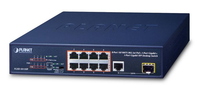 Planet 8-Port 10/100TX 802.3at PoE + 1-Port 10/100/1000T + 1-Port 100/1000X SFP Desktop Switch (120 watts) - W124685886