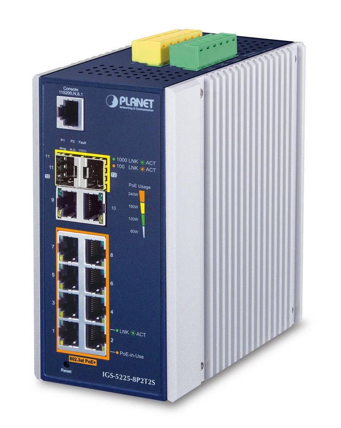 Planet L2+ Industrial 8-Port 10/100/1000T 802.3at PoE + 2-Port 10/100/1000T+ 2-Port 100/1000X SFP Managed Ethernet Switch - W124756643
