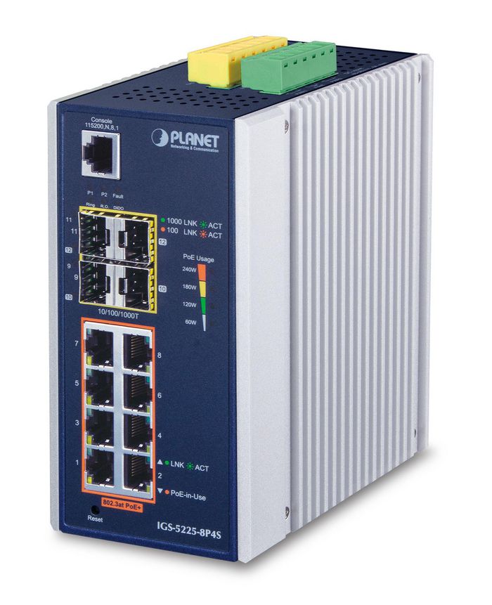 Planet L2+ Industrial 8-Port 10/100/1000T 802.3at PoE + 4-Port 100/1000X SFP Managed Ethernet Switch - W124856073