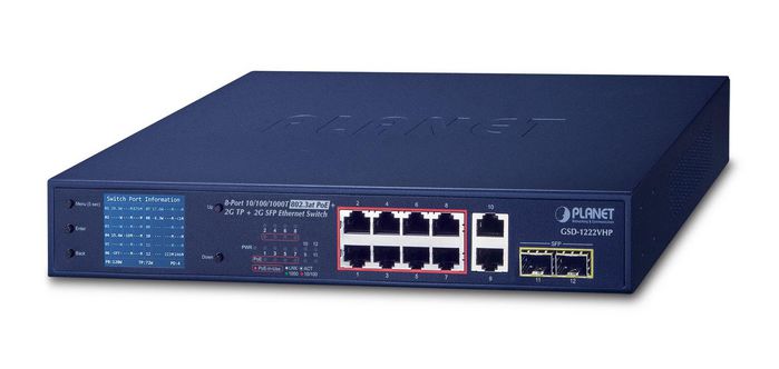Planet 8x 10/100/1000T 802.3at PoE, 2x 10/100/1000T, 24 Gbps, 18 Mpps, LCD Monitor, VLAN, 1.8 kg - W125085580