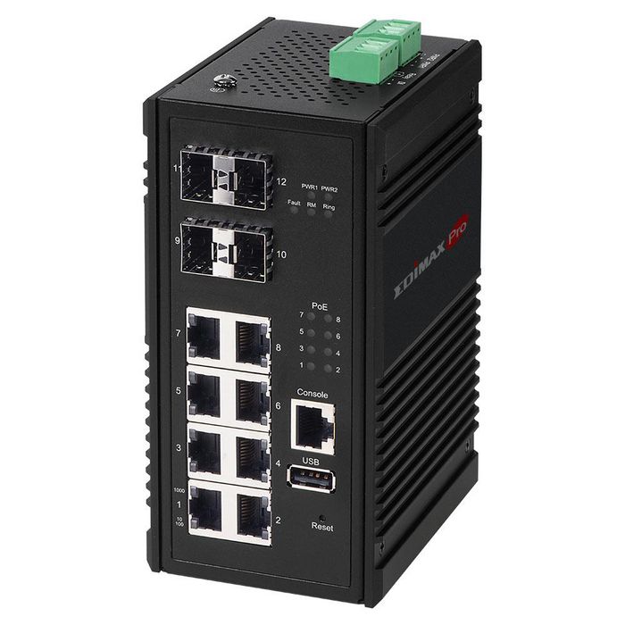 Edimax IGS-5408P, 24 Gbps, 8x RJ-45, 4x SFP, CLI, USB 2.0, DC 48-57V, PoE, VLAN, IP30, 72.2x145x113 mm - W126273050