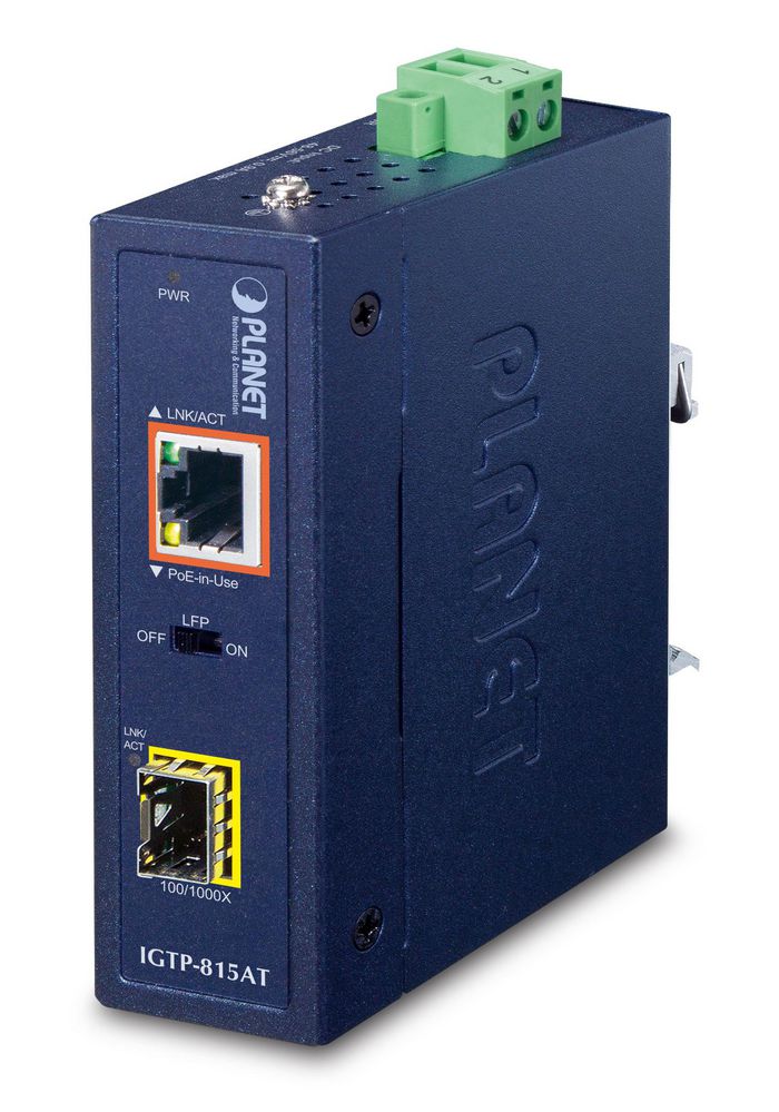 Planet Industrial Compact 100/1000BASE-X to 10/100/1000BASE-T 802.3at PoE+ Media Converter - W125256006