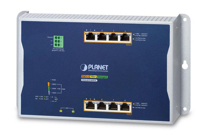 Planet Industrial 4-Port 10/100/1000T 802.3bt PoE + 4-Port 10/100/1000T 802.3at PoE + 2-Port 100/1000X SFP Wall-mount Managed Switch (-40~75 degrees C) - W126160945