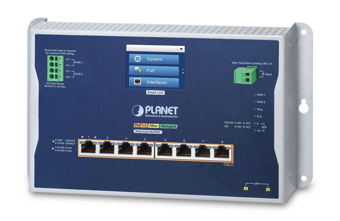 Planet Industrial L2+ 8-Port 10/100/1000T 802.3bt PoE + 2-Port 1G/2.5G SFP Wall-mount Managed Switch with LCD Touch Screen - W126205499