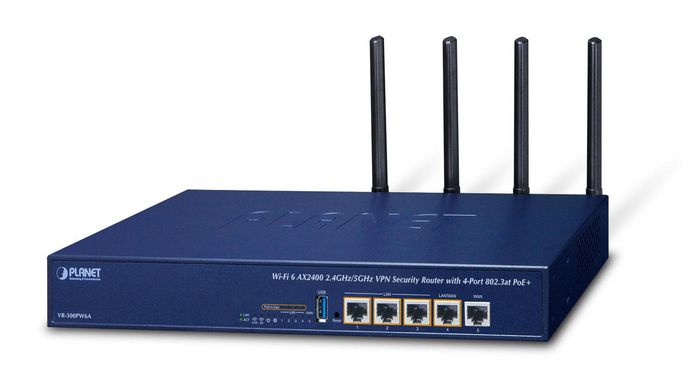 Planet Wi-Fi 6 AX2400 2.4GHz/5GHz VPN Security Router with 4-Port 802.3at PoE+ - W126279329
