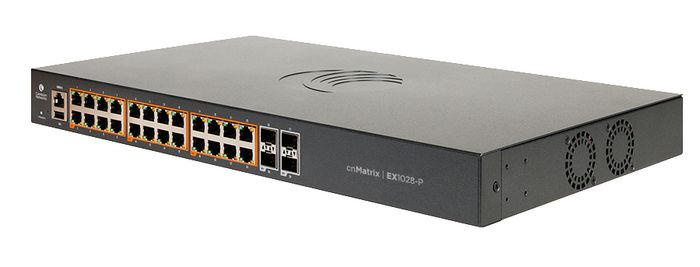 Cambium Networks cnMatrix EX1028, Intelligent Ethernet Switch, 24 1G and 4 1 Gbps SFP fiber ports - no power cord. Enterprise-grade L2 functionality, includes lifetime cloud or on-premises management - W126002980