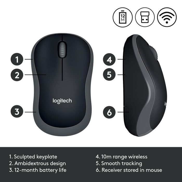 Logitech Wireless Mouse M185, RF Wireless, Alkaline, Grey - W124638565