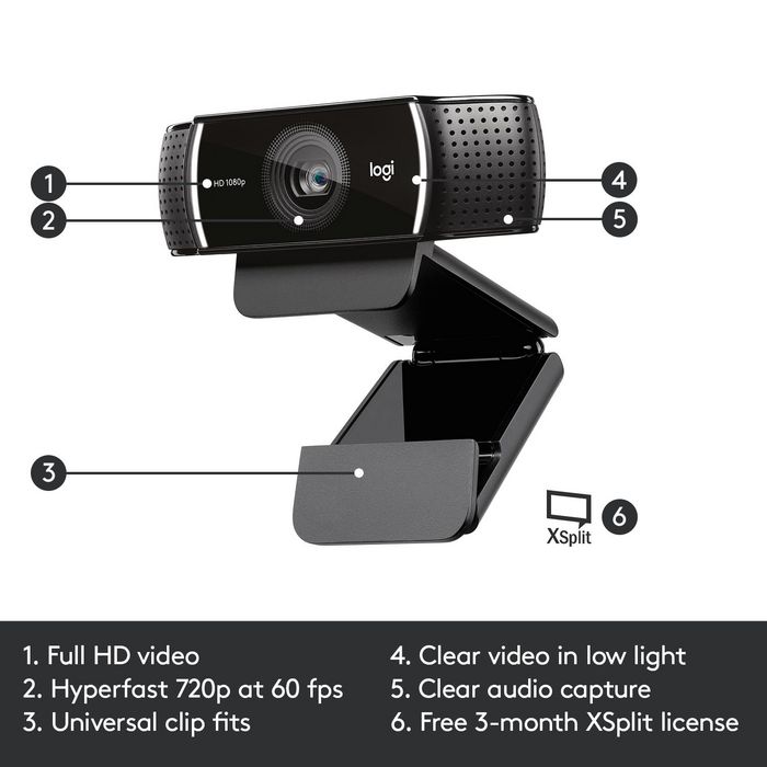 Logitech C922 Pro Stream Webcam, 1080p/30fps, 720p/60fps, H.264, Tripod, 162 g - W124882254